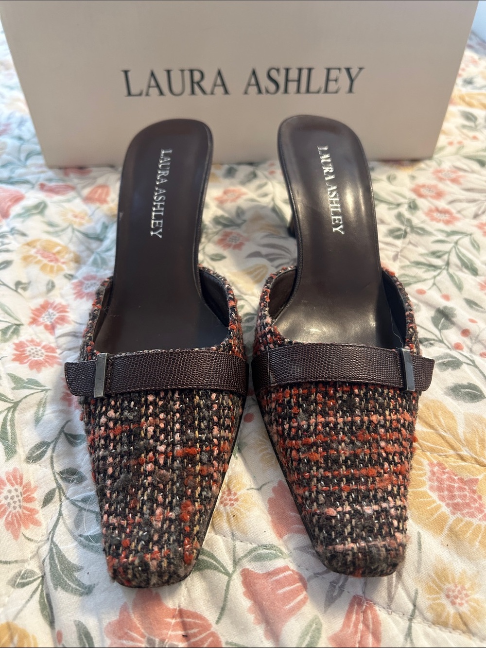 Laura Ashley Multicolor Tweed Pointed Mules with Brown Strap
